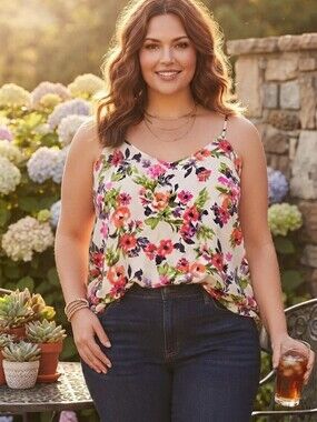 Torrid Plus Size 3 (22/24) Cream Floral V-Neck Camisole Tank Top
